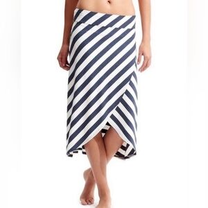 Athleta Ivory Blue Ribbon Stripe Faux Wrap Midi Skirt Size S Swim Beach Casual